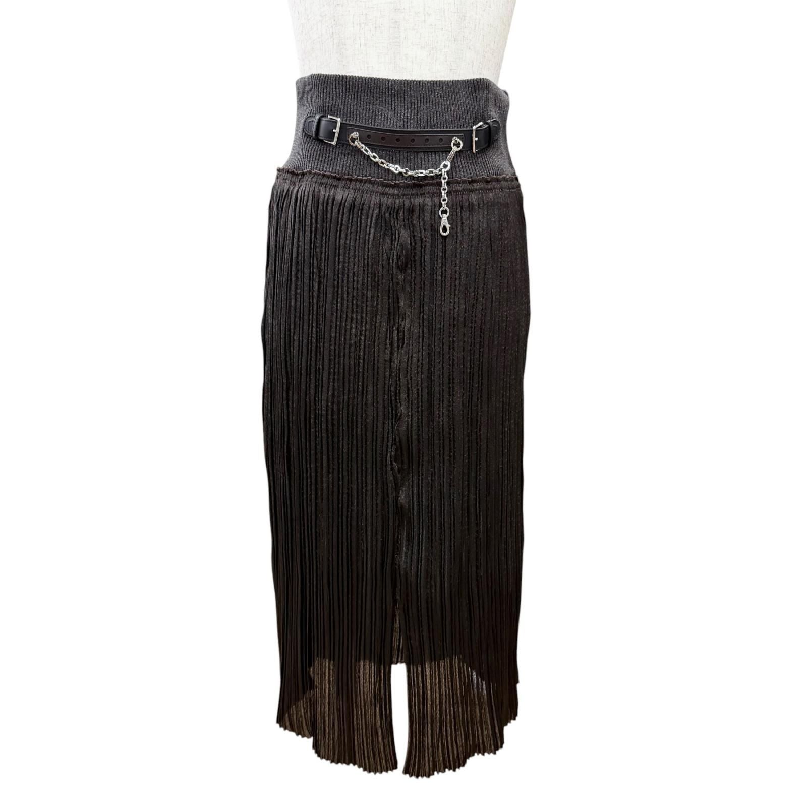 Hermes Leather with Chain Slit Long Pleated Skirt Dark Brown 38
