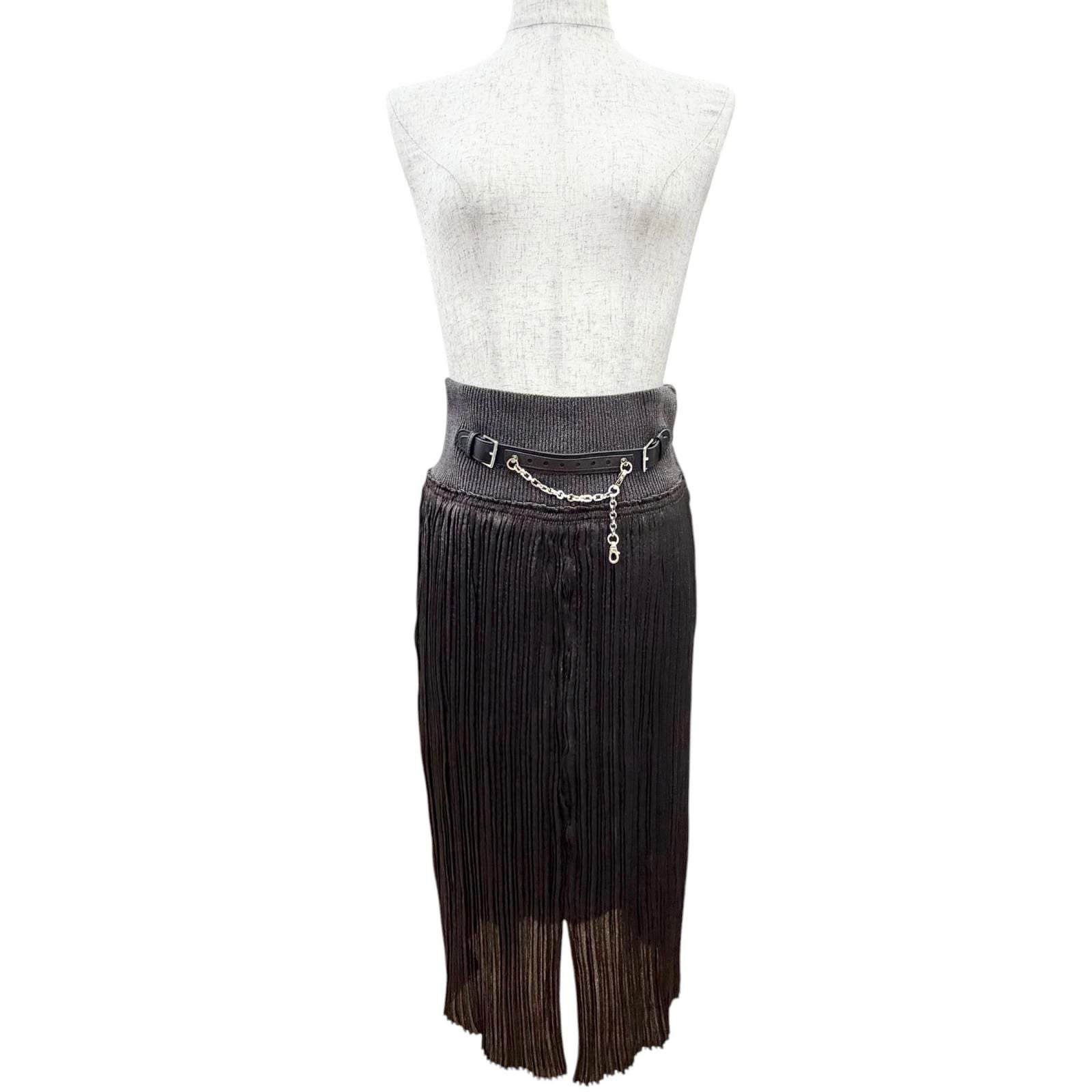 Hermes Leather with Chain Slit Long Pleated Skirt Dark Brown 38 — view 2