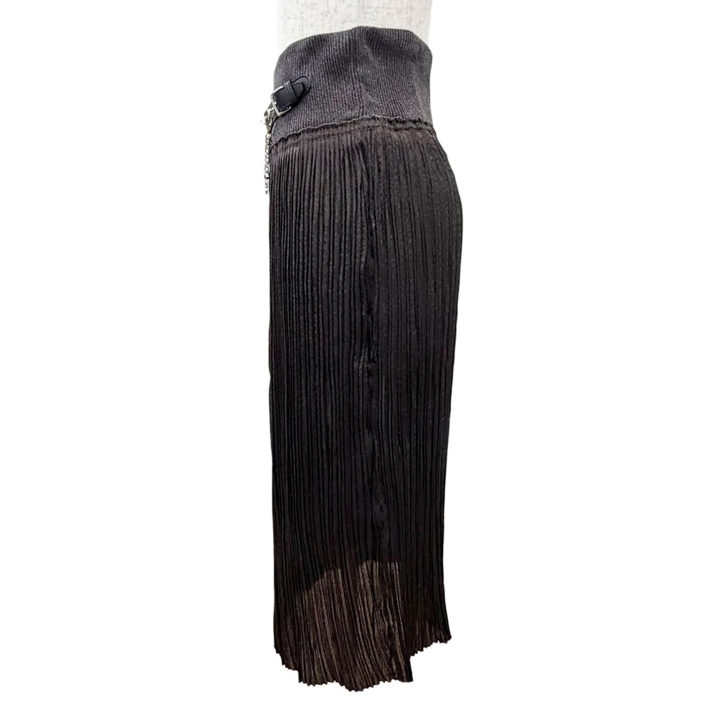 Hermes Leather with Chain Slit Long Pleated Skirt Dark Brown 38 — view 3
