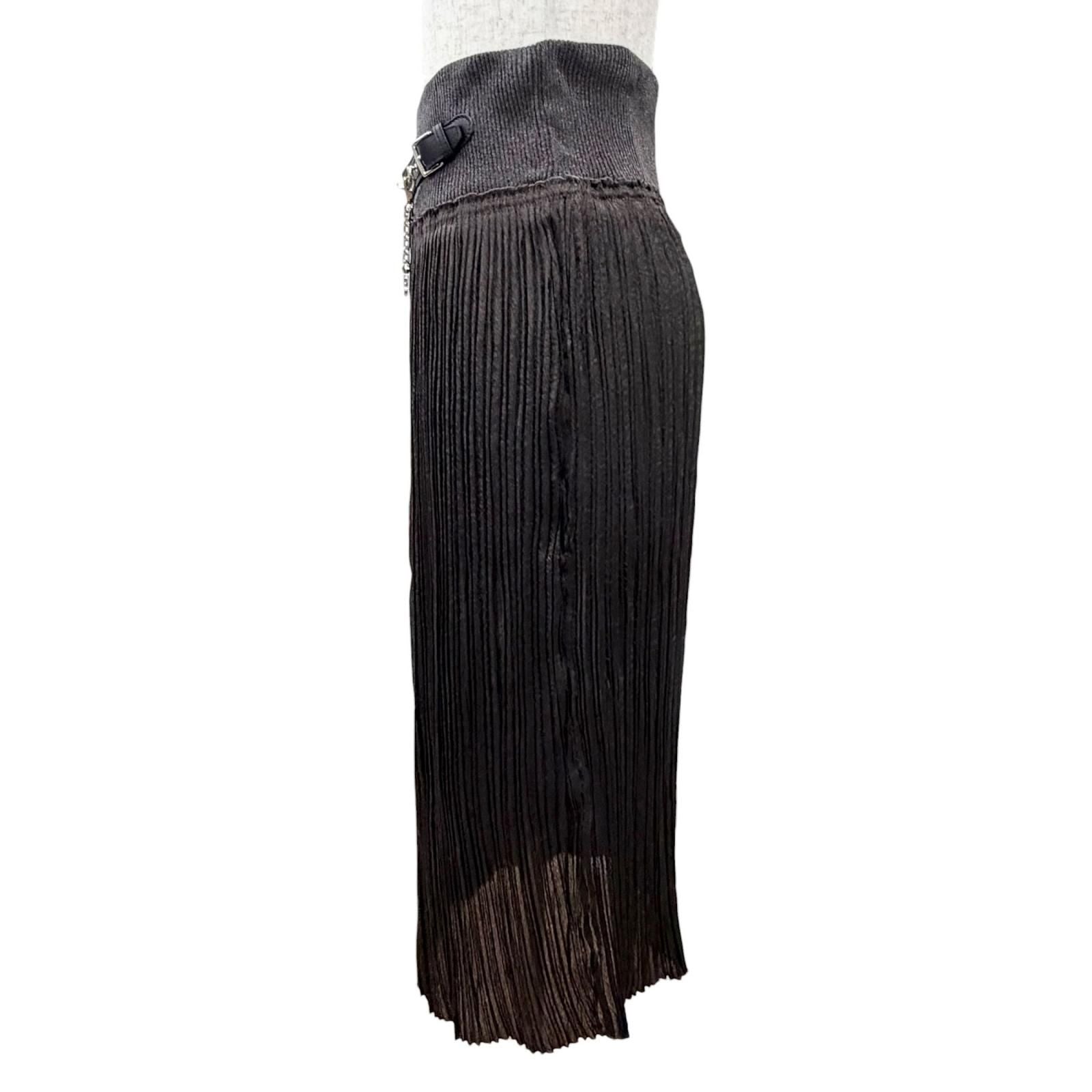 Hermes Leather with Chain Slit Long Pleated Skirt Dark Brown 38 — view 3