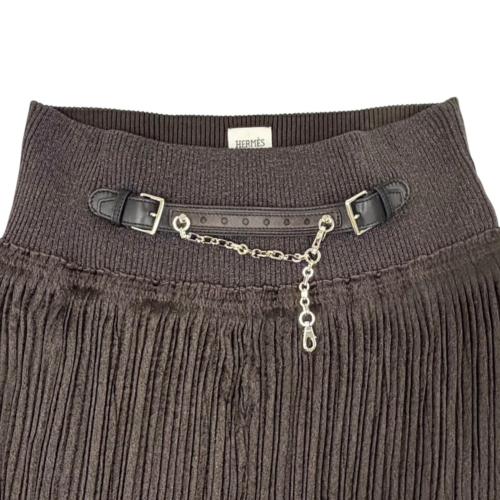 Hermes Leather with Chain Slit Long Pleated Skirt Dark Brown 38 — view 5