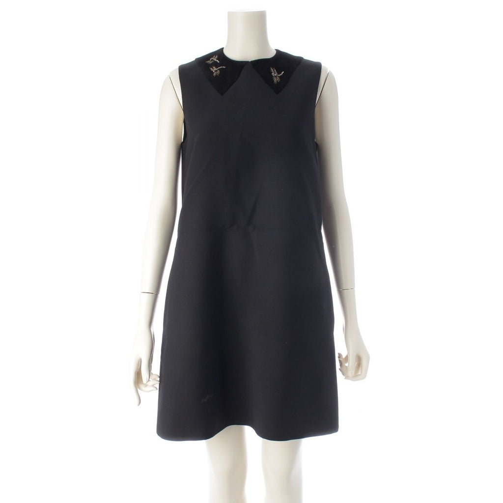 Dior Wool Silk Technical Dragonfly Bead Embroidery a Line Dress Black 38