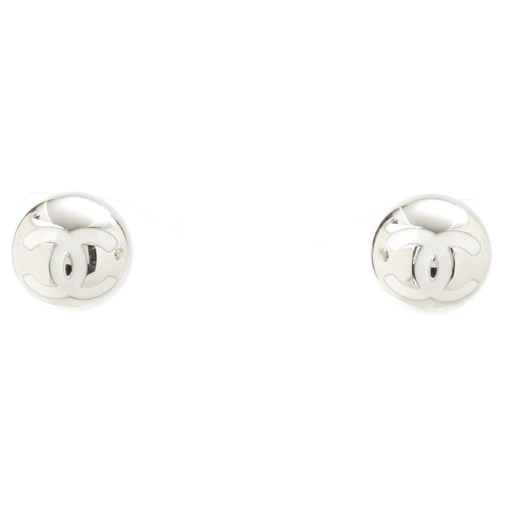 Chanel 25c CC Logo Ball Earrings Silver White