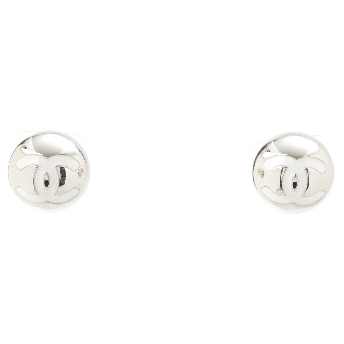 Chanel 25c CC Logo Ball Earrings Silver White