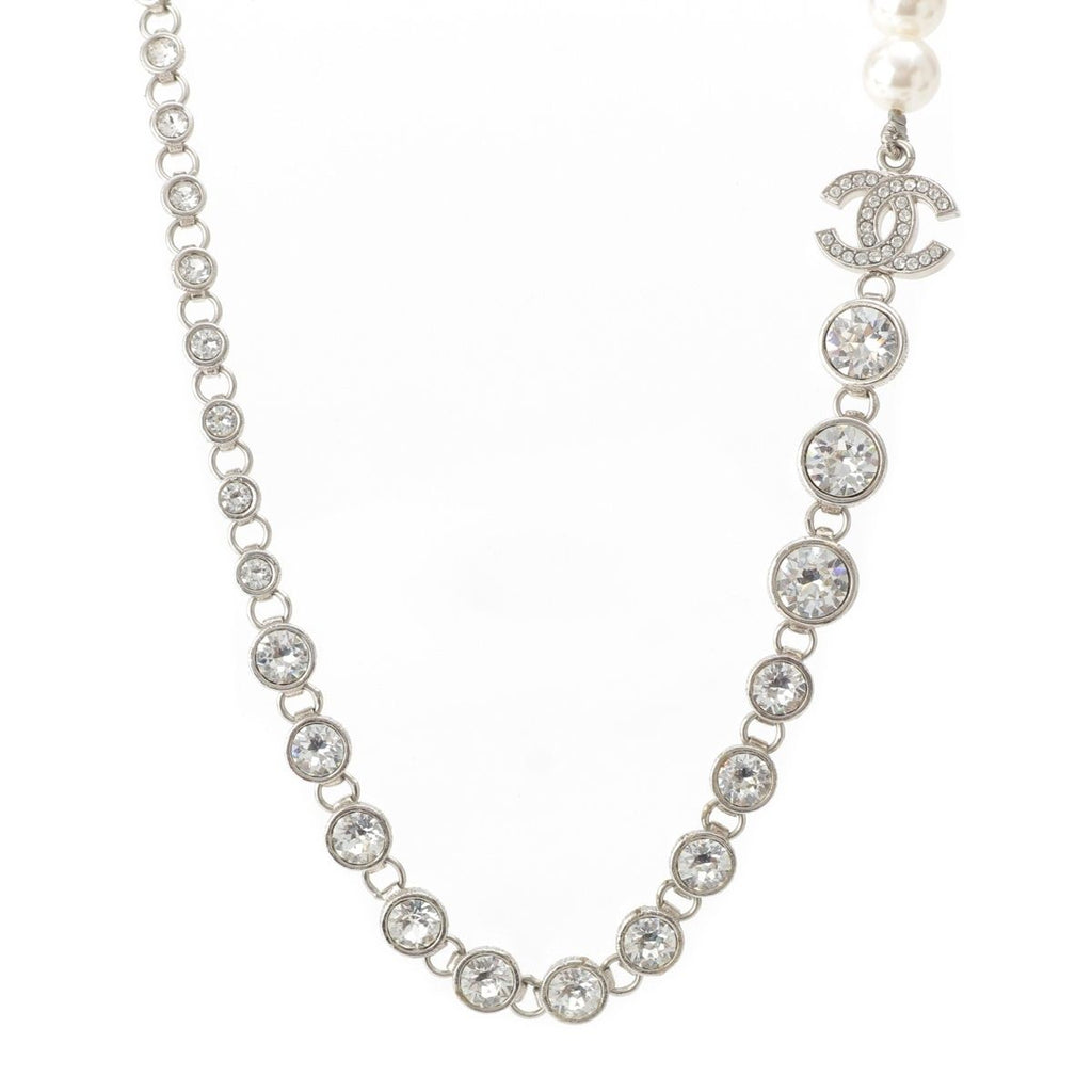 Chanel 24 Pearl Rhinestone Necklace Silver