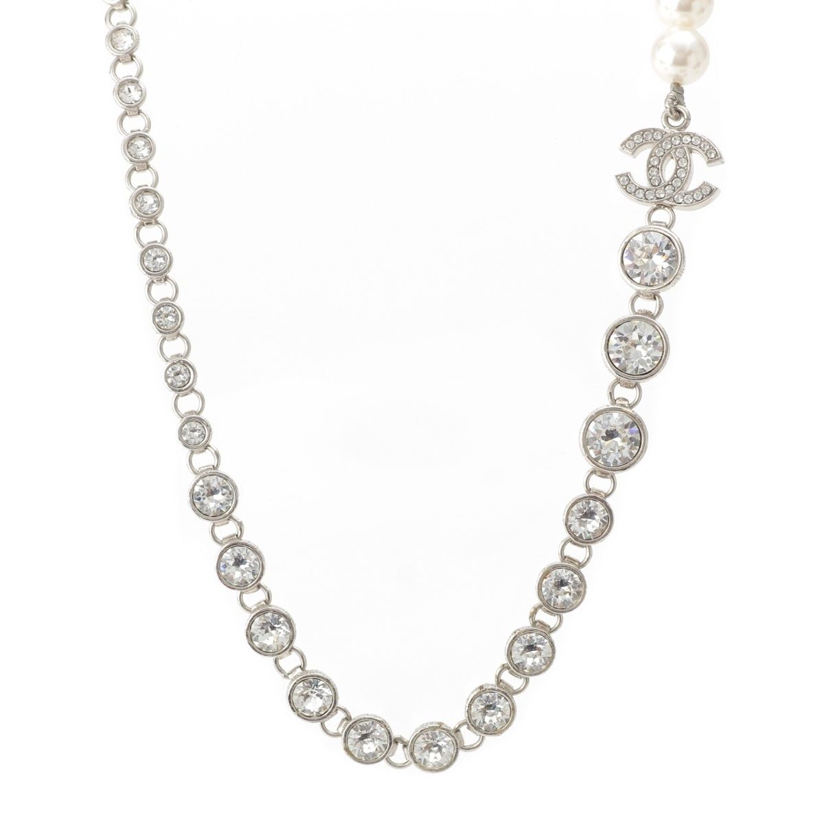 Chanel 24 Pearl Rhinestone Necklace Silver