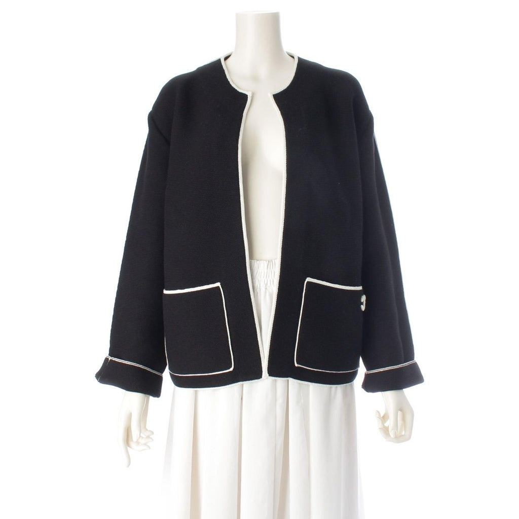 Chanel CC Logo Knit Collarless Jacket Black White 38