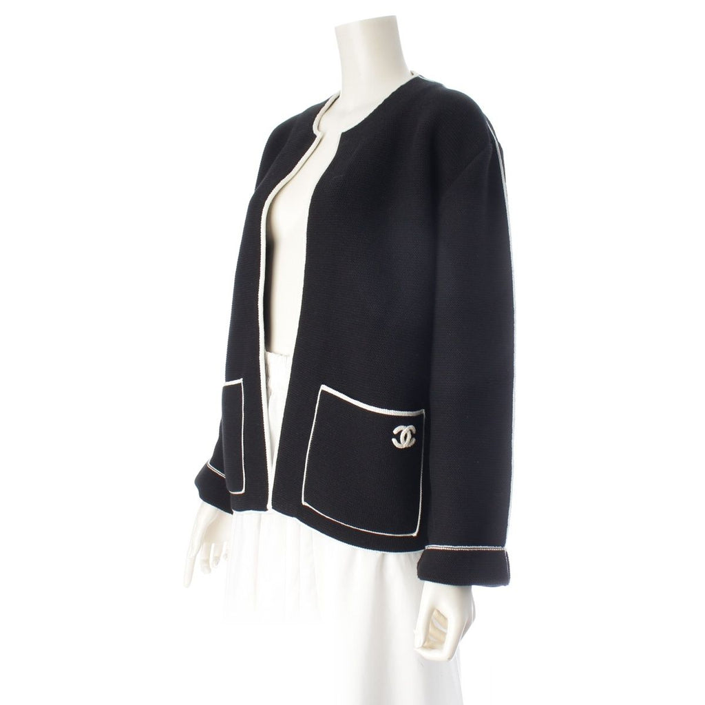 Chanel CC Logo Knit Collarless Jacket Black White 38 — view 2