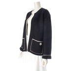 Chanel CC Logo Knit Collarless Jacket Black White 38 — view 2