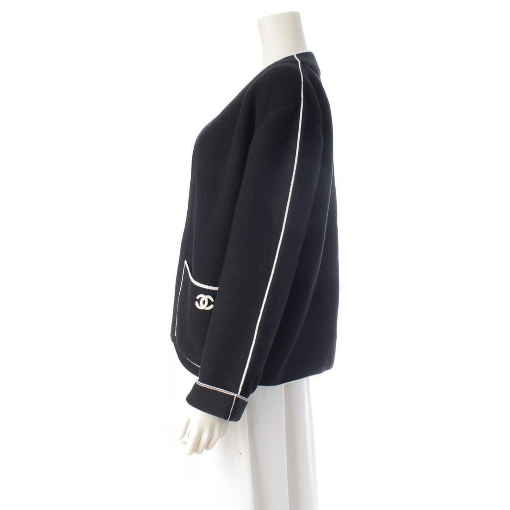 Chanel CC Logo Knit Collarless Jacket Black White 38 — view 3