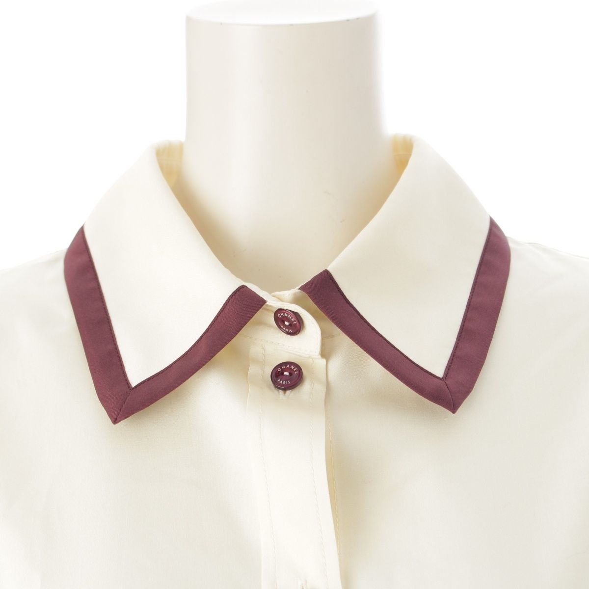 Chanel CC Logo Twill Blouse Long Sleeve Shirt Light Yellow Burgundy 42 — view 5