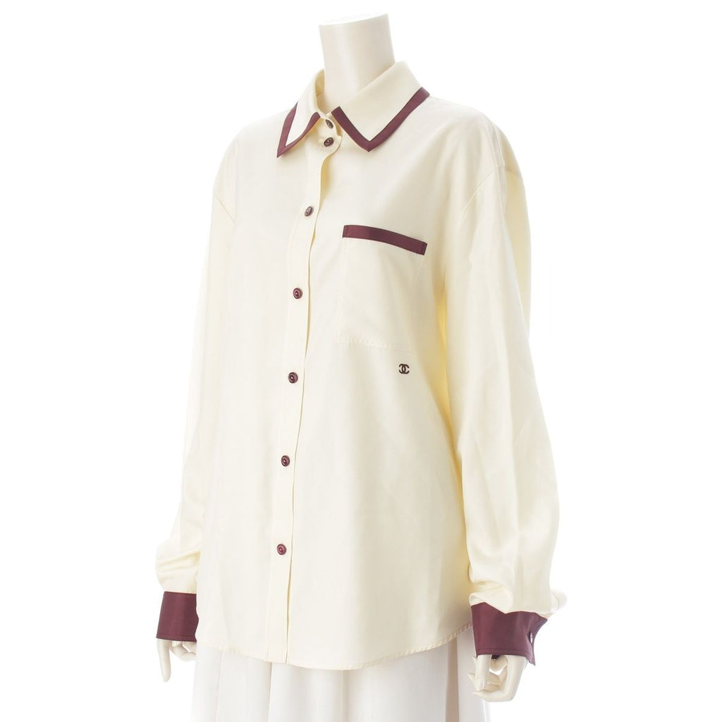 Chanel CC Logo Twill Blouse Long Sleeve Shirt Light Yellow Burgundy 42 — view 2