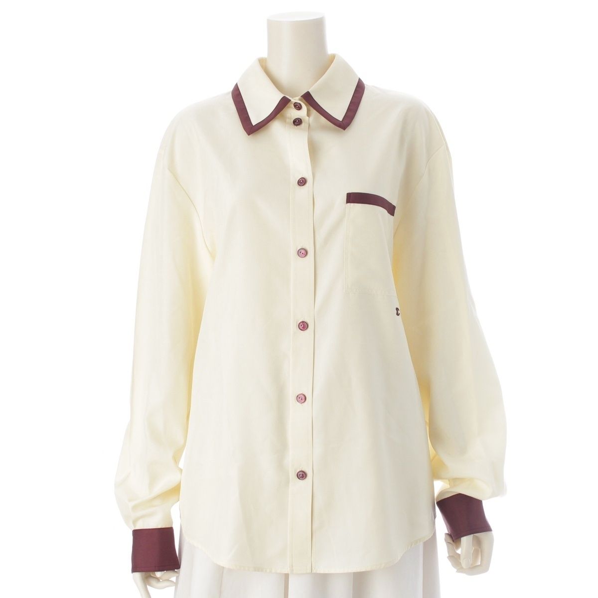 Chanel CC Logo Twill Blouse Long Sleeve Shirt Light Yellow Burgundy 42