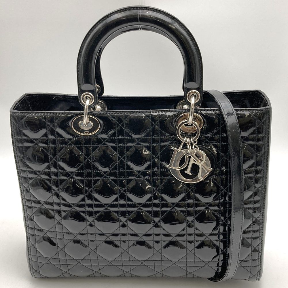 Dior Lady Dior Large 2-Way Shoulder Bag Enamel Patent Leather Black