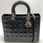 Dior Lady Dior Large 2-Way Shoulder Bag Enamel Patent Leather Black
