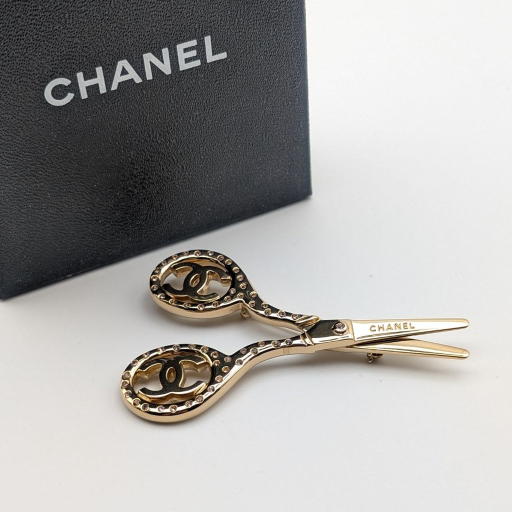 Chanel Brooch CC Logo Scissors Gold Rhinestone