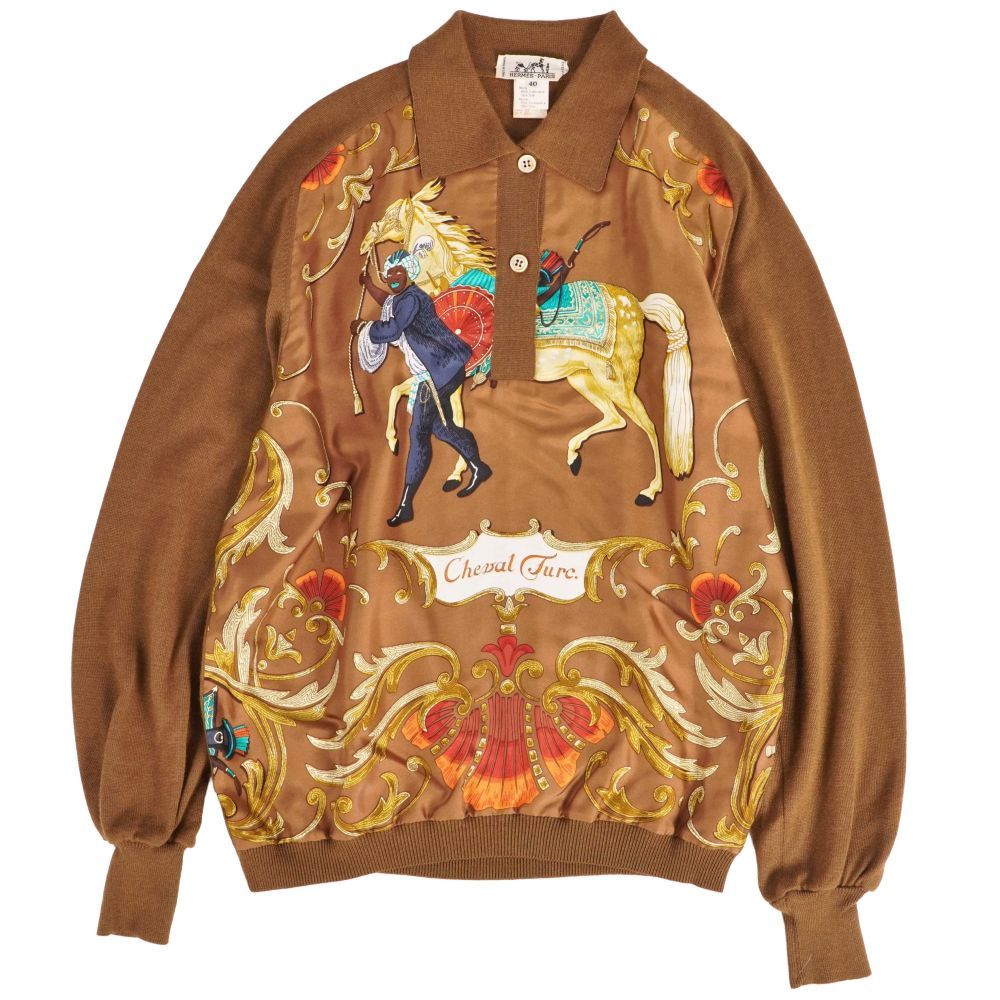 Hermes Vintage Shirt Knit Silk Reine All Over Pattern Sweater