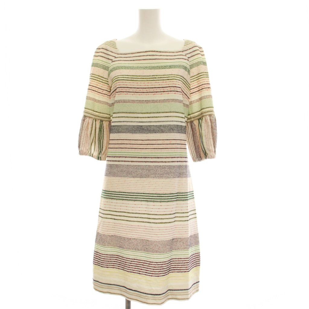 Chanel Dress Knee Length Half Sleeve Border Pattern Wool Nylon 36 White
