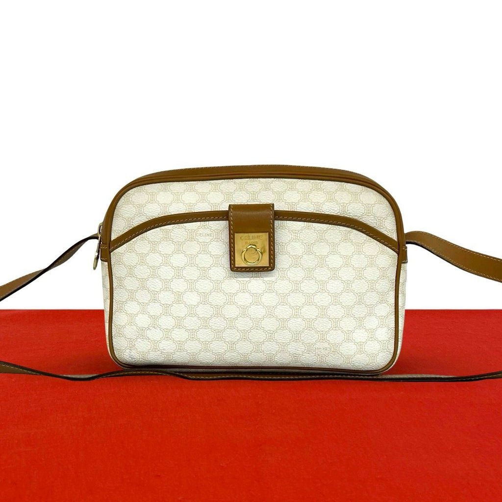 Celine Vintage Logo Ring Macadam Pattern Leather Shoulder Bag Pochette White