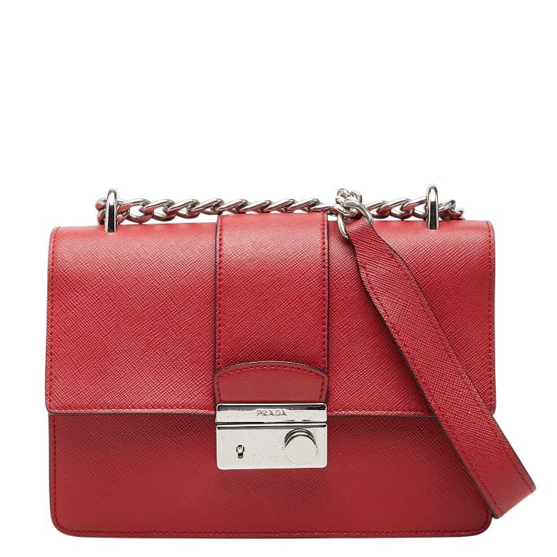 Prada Chain Shoulder Bag Red Saffiano Leather