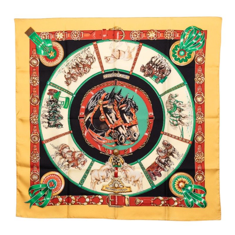 Hermes Carre 90 Chevaux de Trait Scarf Yellow Multicolor Silk