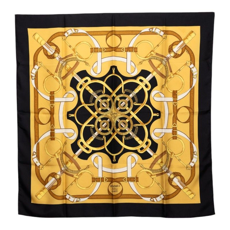 Hermes Carre 90 Eperon D'or Yellow Gold Spurs Scarf Black Silk