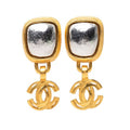 Chanel CC Logo Vintage Square Swing Earrings Gold Silver Plated