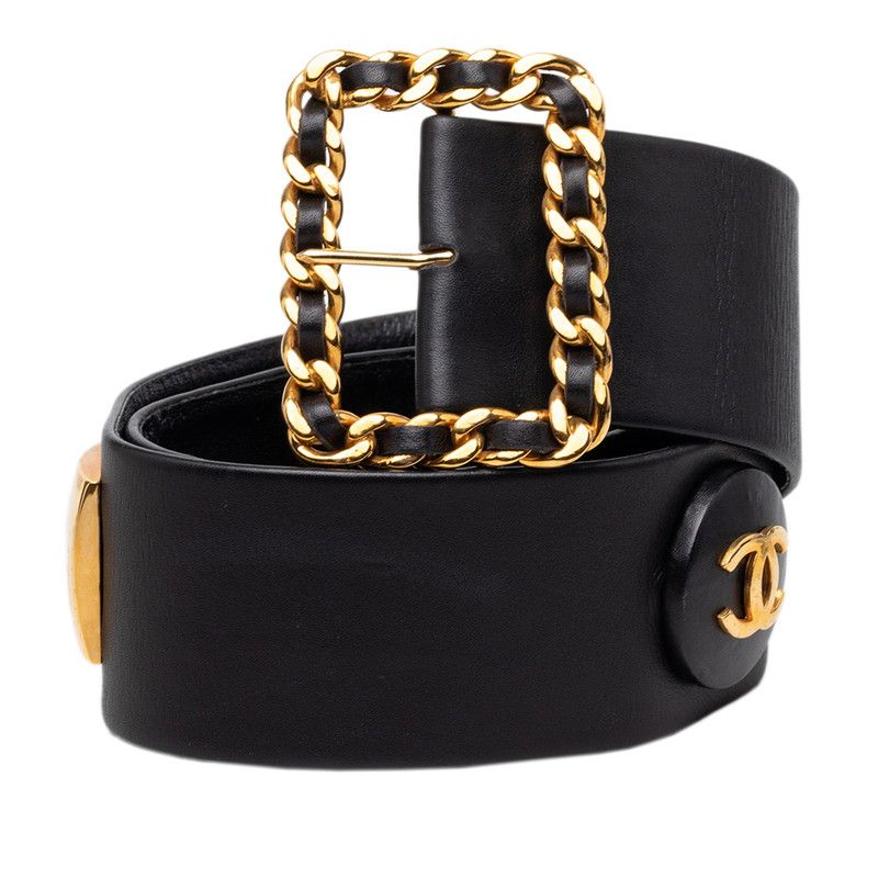 Chanel CC Logo Chain Buckle Belt 93 Black Gold Lambskin Plated — view 2