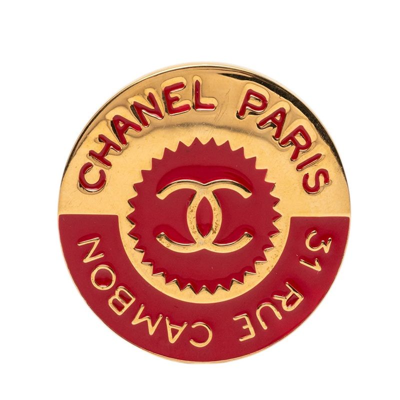Chanel CC Logo 31 Rue Cambon le Round Brooch Gold Red Plated