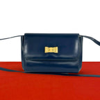 Gucci Ribbon Motif GG Logo Leather Mini Shoulder Bag Pochette Crossbody Navy
