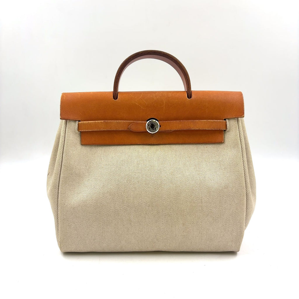 Hermes Herbag a Dos PM Handbag Leather Canvas Beige Light Brown Backpack Silver