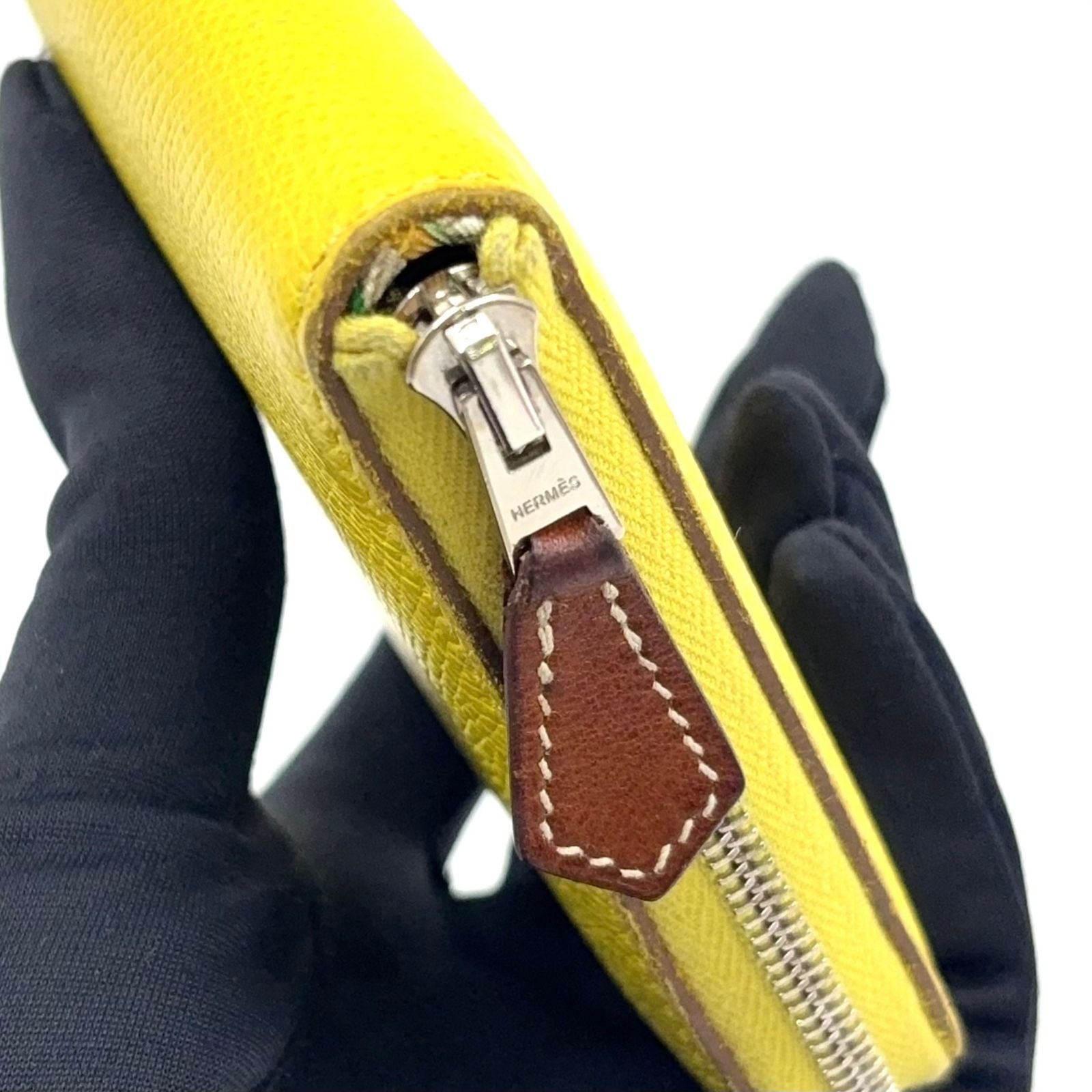 Hermes Asap Compact Silk in Zip Around Leather Yellow Brown Wallet Silver — view 8