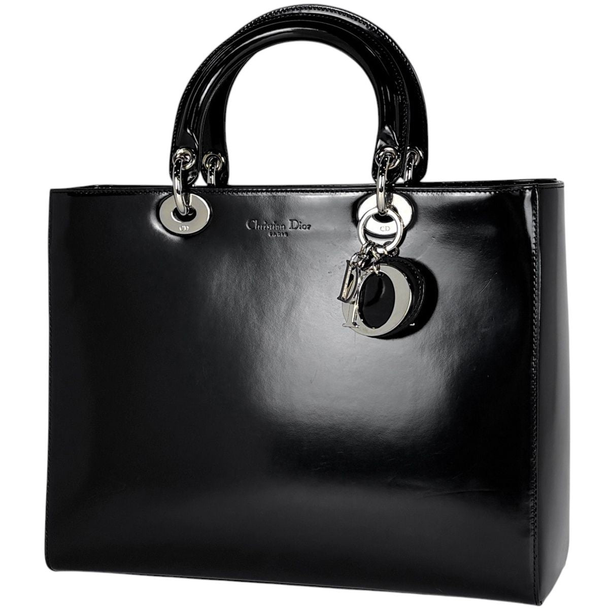 Dior Lady Dior Patent Handbag Leather Black