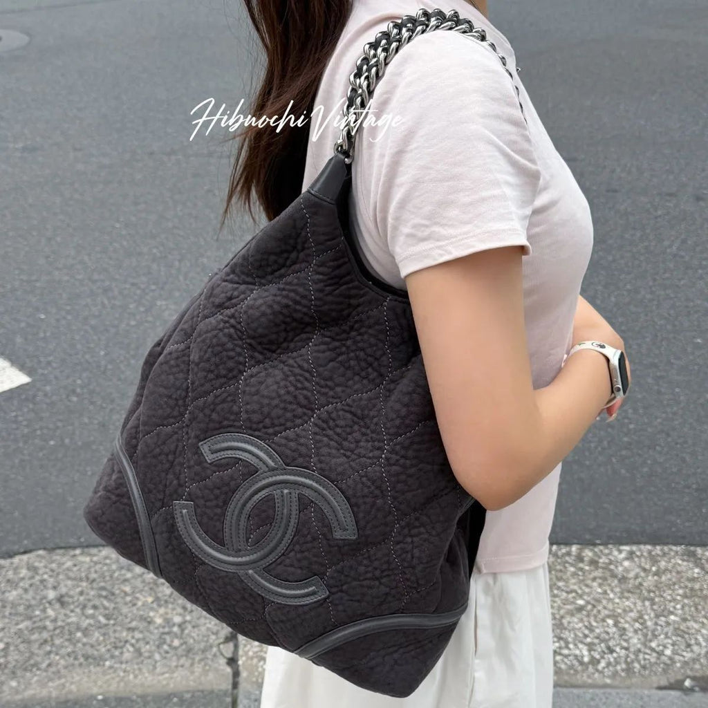 Chanel Sports Line CC Logo Chain Shoulder Bag Suede Leather Gray Silver Vintage