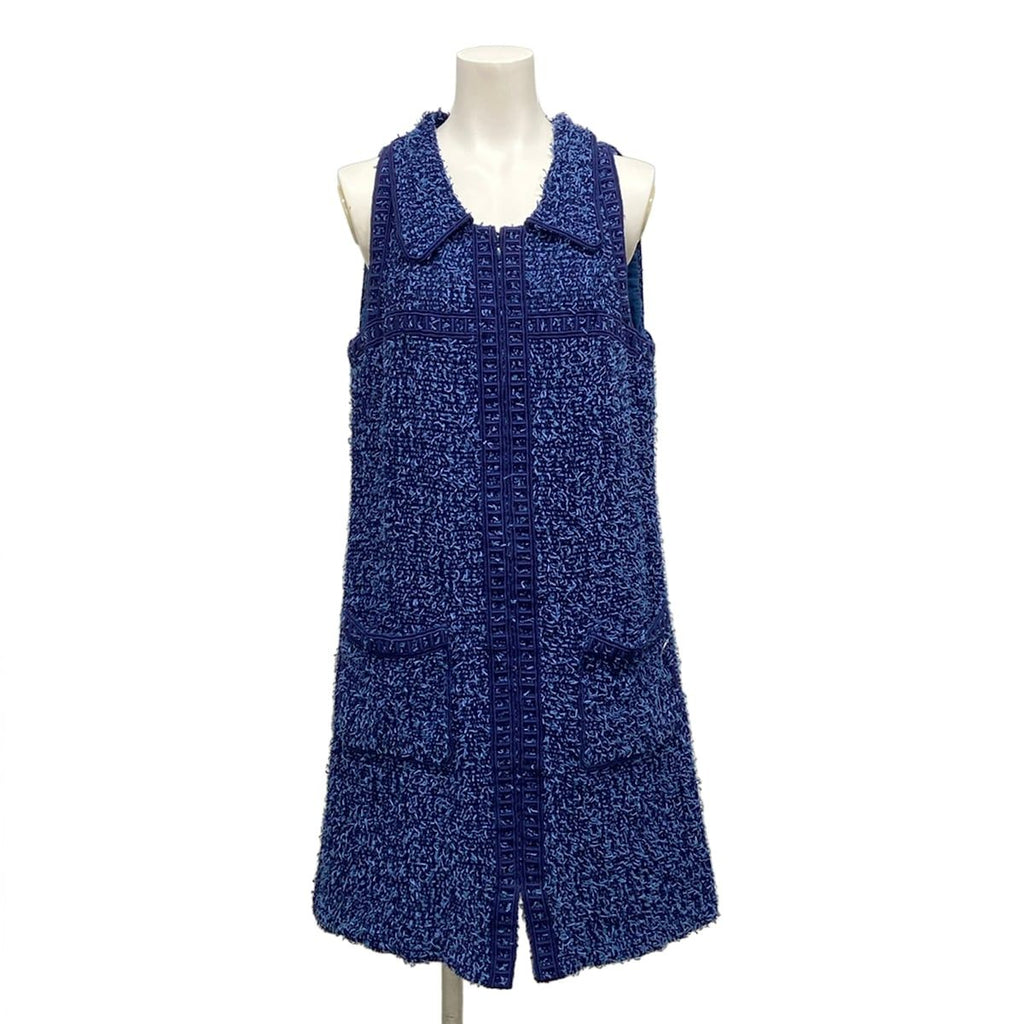 Chanel Dress 38 M Blue Tweed Zip Up Cotton