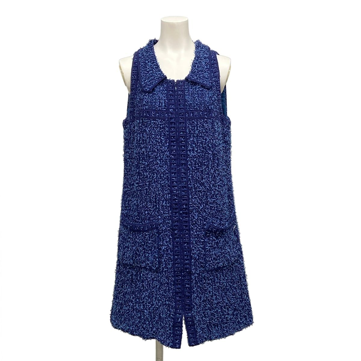 Chanel Dress 38 M Blue Tweed Zip Up Cotton