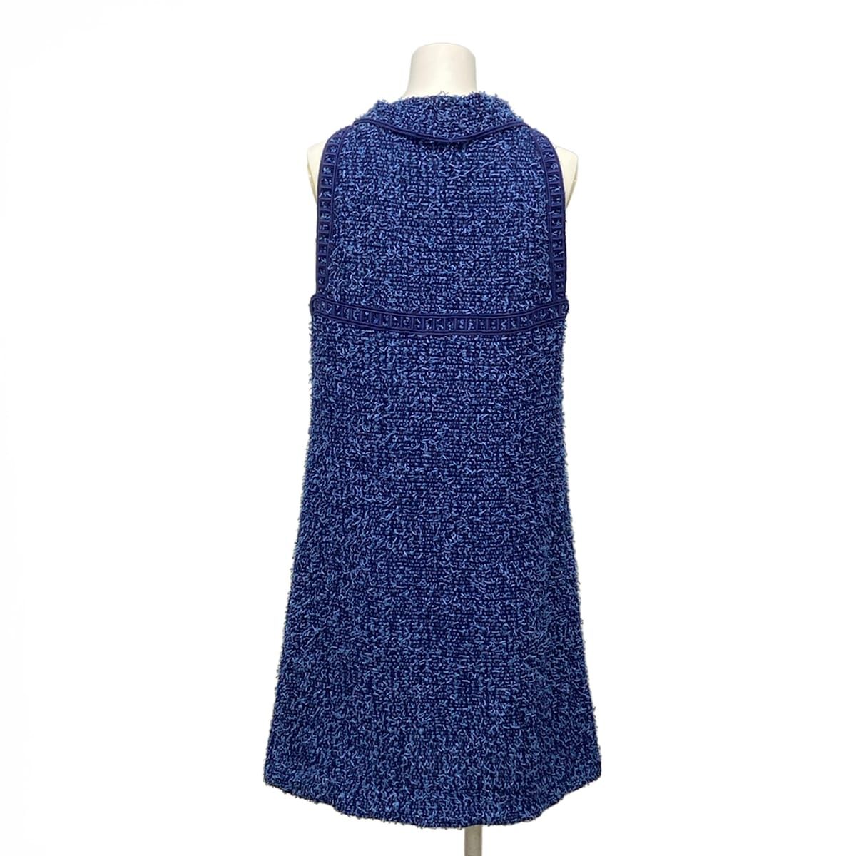 Chanel Dress 38 M Blue Tweed Zip Up Cotton — view 2