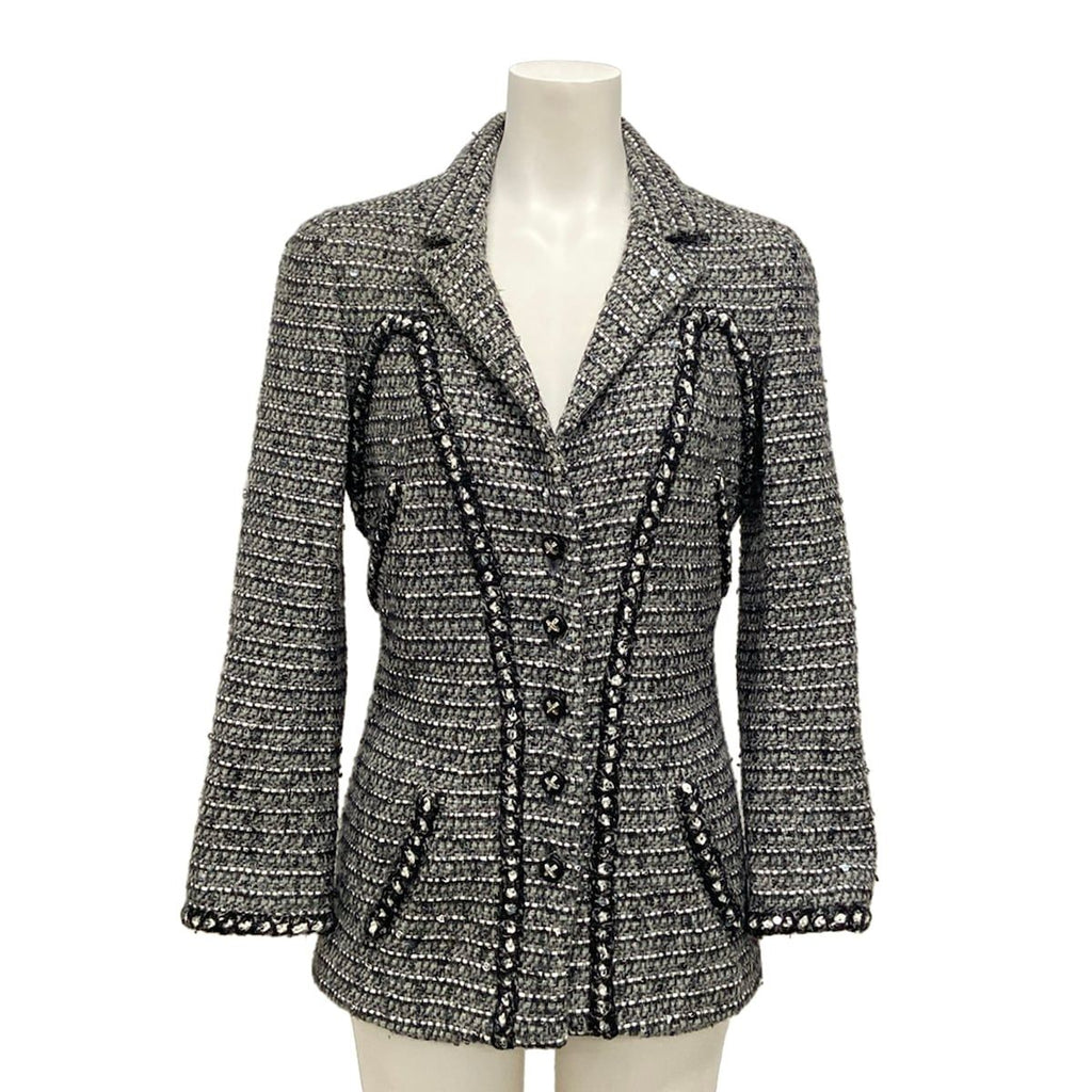 Chanel Jacket 34 S Gray Black White Long Sleeve Tweed Sequin Rhinestone Autumn