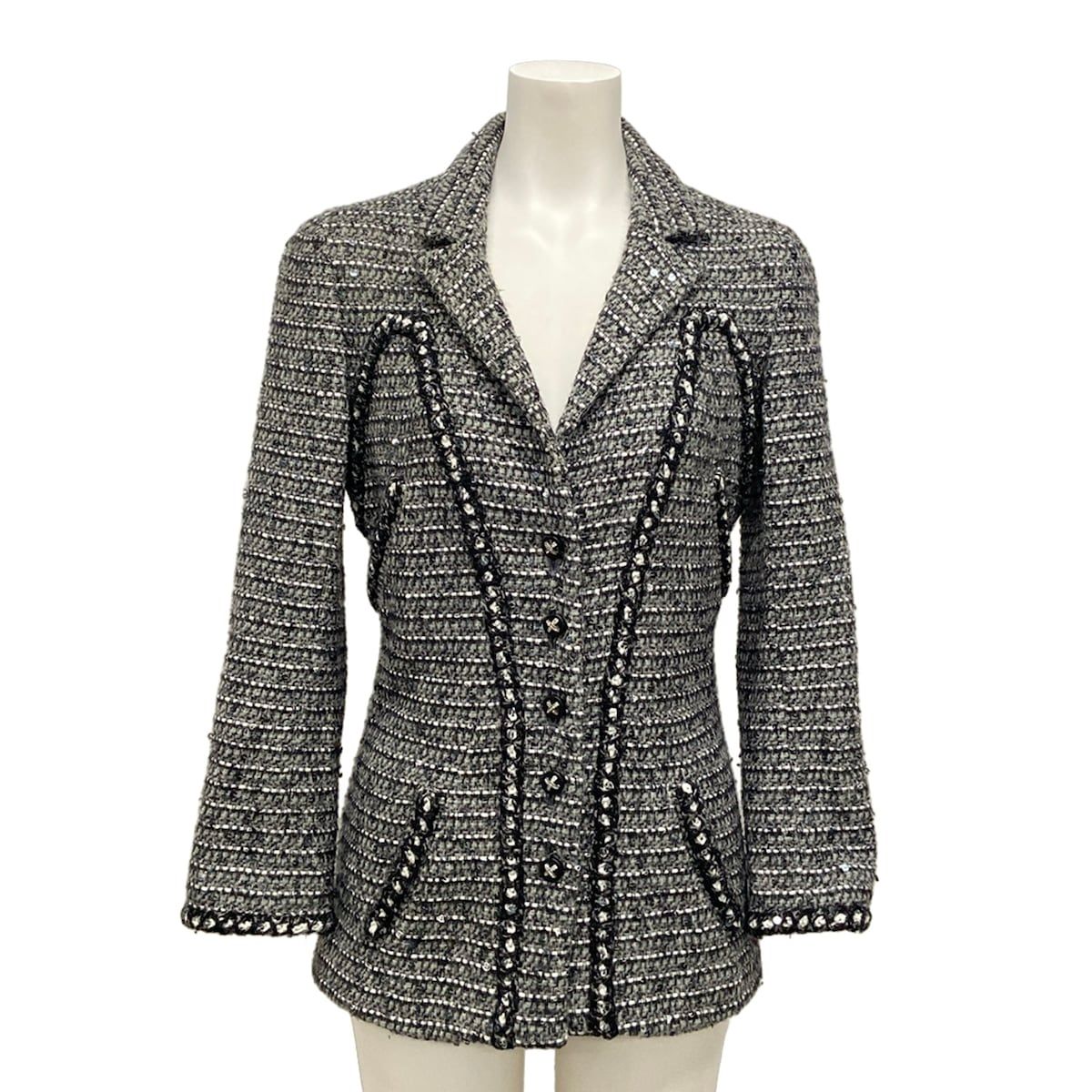 Chanel Jacket 34 S Gray Black White Long Sleeve Tweed Sequin Rhinestone Autumn