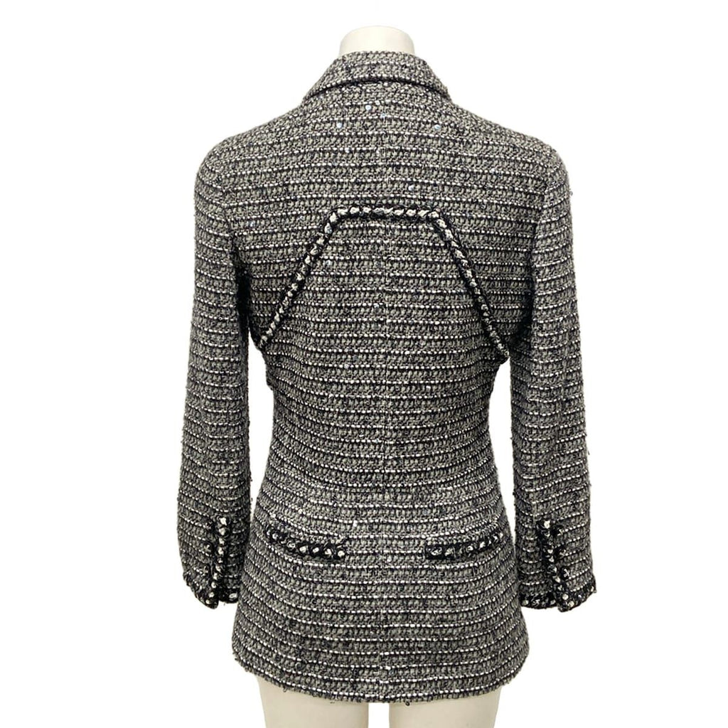 Chanel Jacket 34 S Gray Black White Long Sleeve Tweed Sequin Rhinestone Autumn — view 2