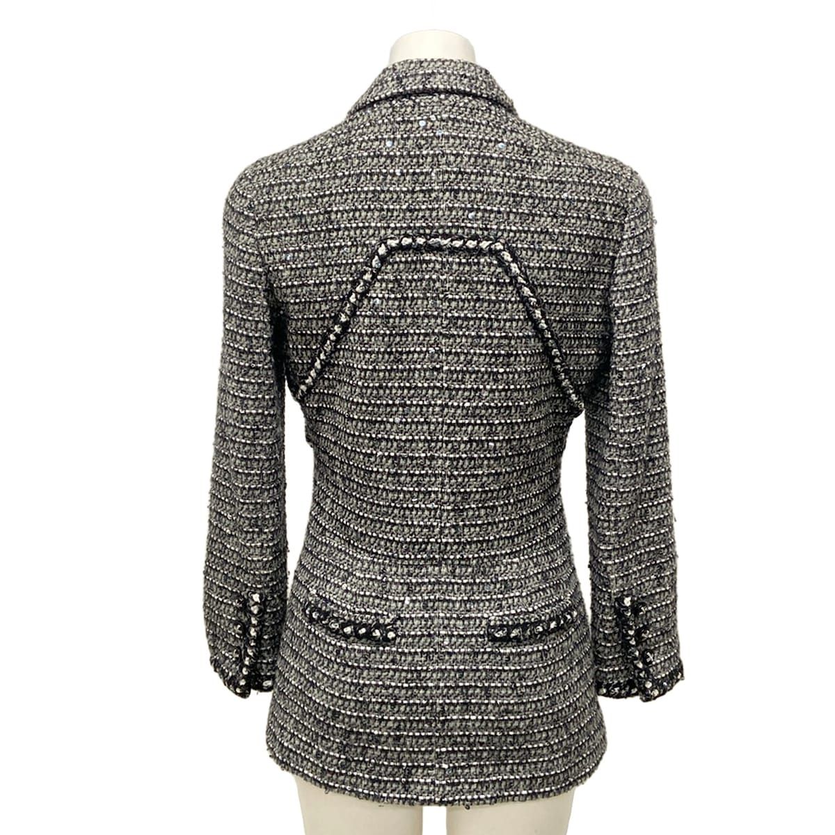 Chanel Jacket 34 S Gray Black White Long Sleeve Tweed Sequin Rhinestone Autumn — view 2