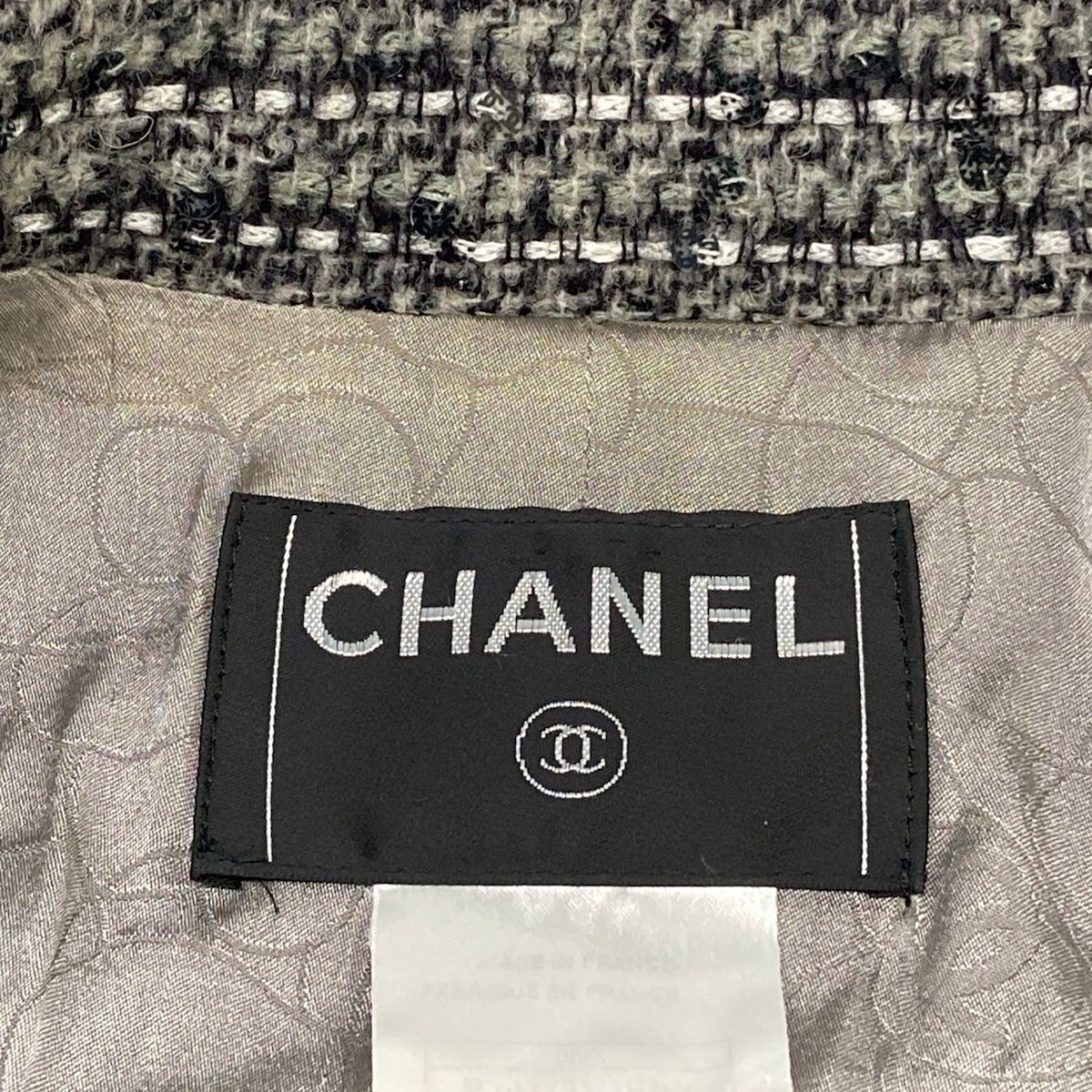 Chanel Jacket 34 S Gray Black White Long Sleeve Tweed Sequin Rhinestone Autumn — view 3