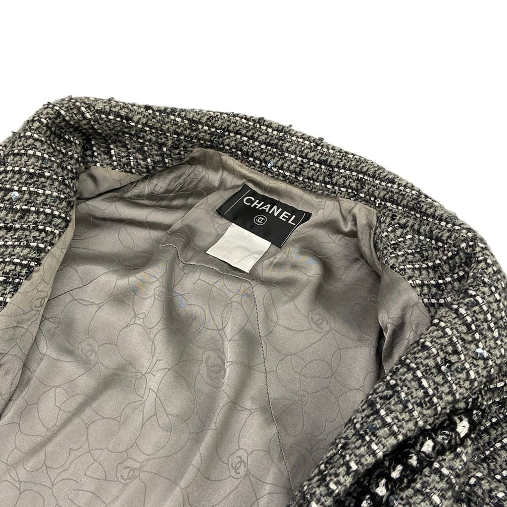 Chanel Jacket 34 S Gray Black White Long Sleeve Tweed Sequin Rhinestone Autumn — view 8