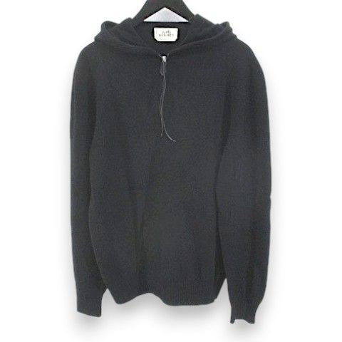 Hermes Long Sleeve Knit Sweater Hoodie Pullover Quarter Zip Cashmere L Black
