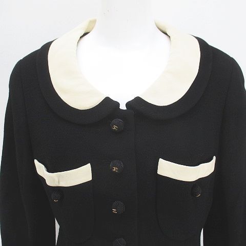 Chanel Vintage Set Jacket Knee Length Tight Skirt Silk 36 Black Hair Wool Lining — view 5