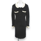 Chanel Vintage Set Jacket Knee Length Tight Skirt Silk 36 Black Hair Wool Lining