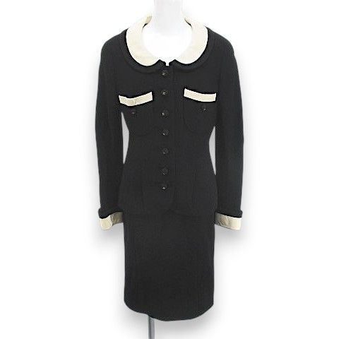 Chanel Vintage Set Jacket Knee Length Tight Skirt Silk 36 Black Hair Wool Lining