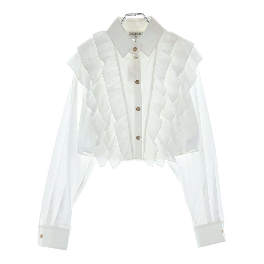 Chanel Rhinestone Gold Button Ruffle Long Sleeve Shirt Blouse Short Length