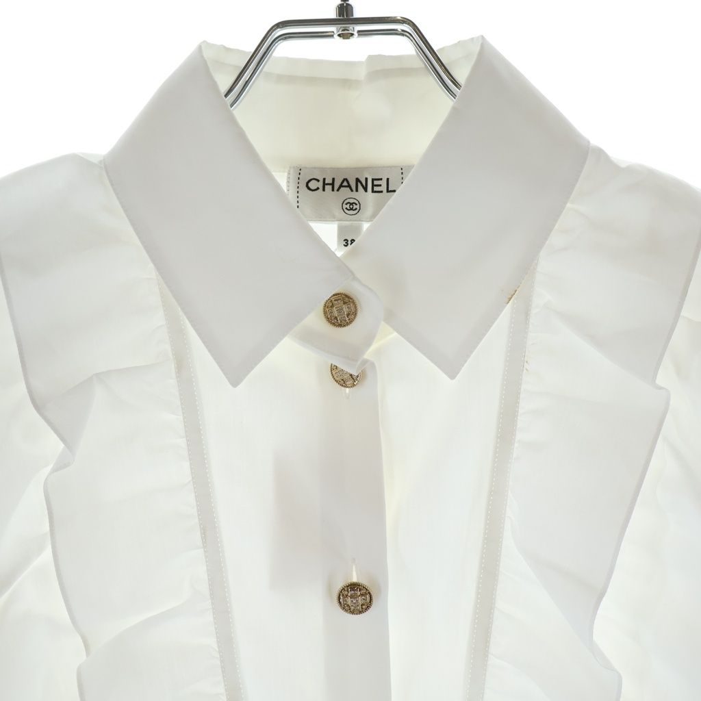 Chanel Rhinestone Gold Button Ruffle Long Sleeve Shirt Blouse Short Length — view 3