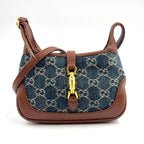 Gucci Jackie GG Denim Leather Indigo Blue Brown Mini Shoulder Bag Gold